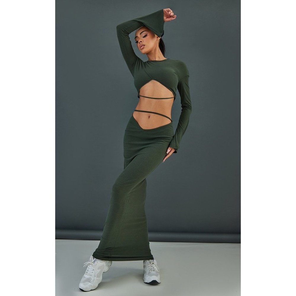 Moss Khaki Rib Cut Out Strap Detail Crop Top BNWT